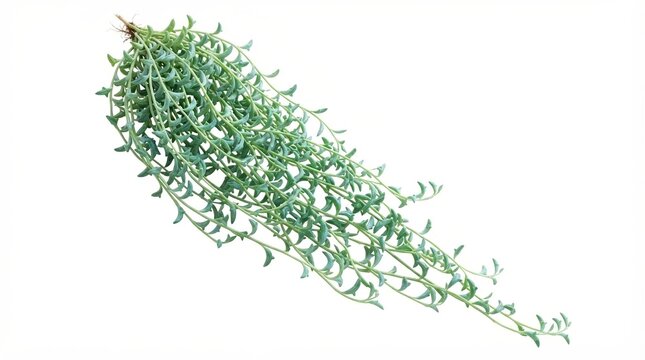 Trailing string of dolphins succulent plant, hanging senecio peregrinus vine on white background, green indoor houseplant foliage