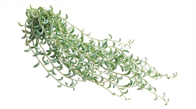 Trailing string of dolphins succulent plant, hanging senecio peregrinus vine, green indoor houseplant isolated on white background