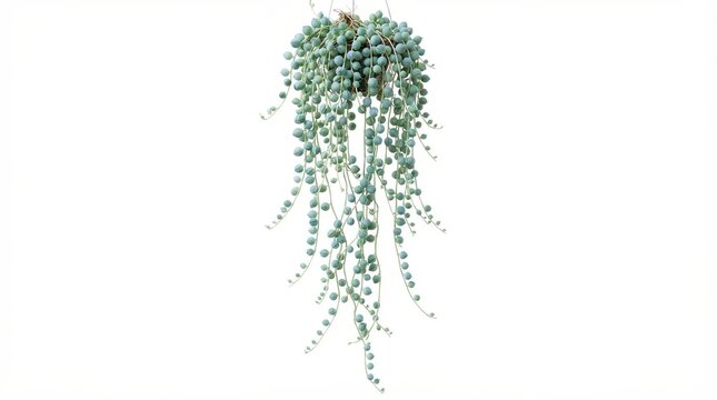 Trailing string of pearls succulent plant, hanging senecio rowleyanus houseplant, green botanical vines on white background
