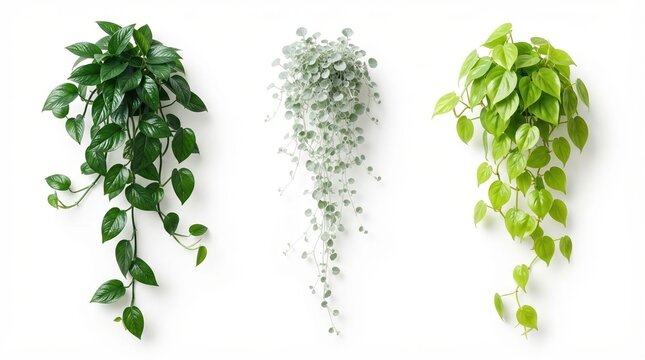Hanging indoor plants collection, trailing green ivy and pothos foliage on white background, set of three climbing houseplant vines