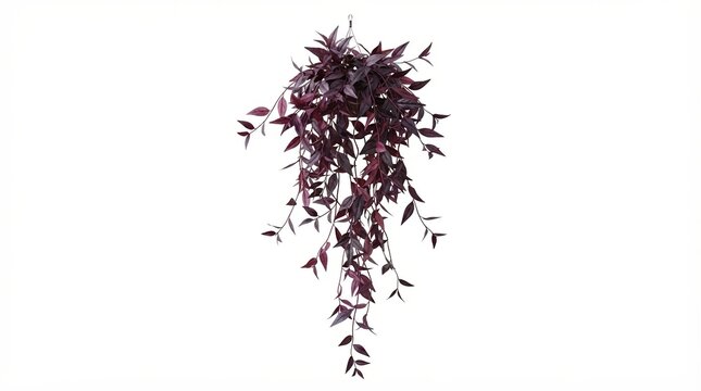 Purple hanging plant with trailing leaves, dark burgundy artificial foliage, decorative indoor vine on white background