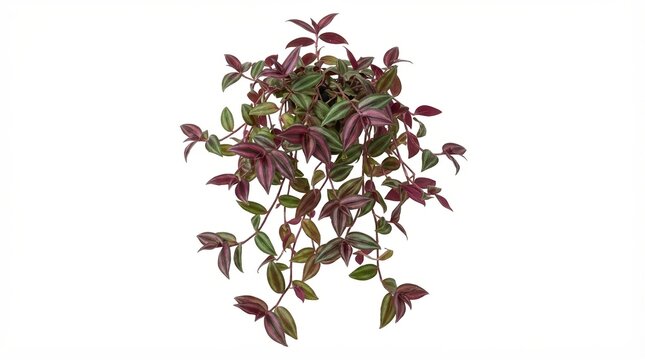 Tradescantia zebrina hanging plant on white background. Purple inch plant with striped leaves. Wandering dude houseplant for interior design.