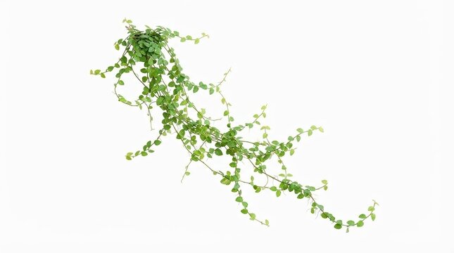 Creeping green ivy vine on white background, hanging climbing plant with small leaves, organic botanical foliage for design