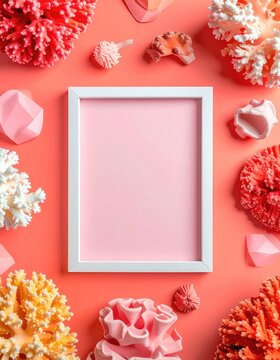 A vibrant coral reef arrangement with a blank frame in the center.