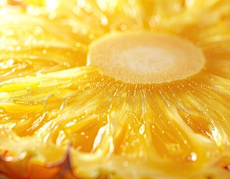 A close-up, macro shot of a ripe pineapple slice.
