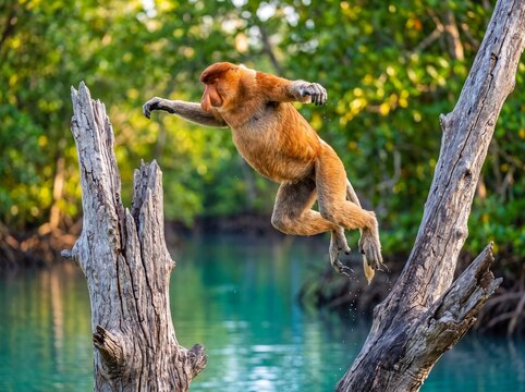 Action shot of a Proboscis Monkey leaping between dead trees over a vibrant turquoise river in Borneo jungle, showcasing its distinctive nose and agile movement.