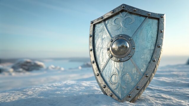 Viking Shield Resting in Snowy Winter Landscape