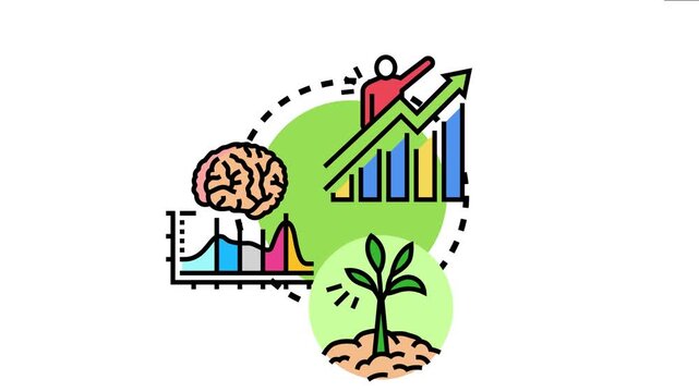 Active knowledge growth concept showing a human figure climbing a chart with upward arrow, a brain, statistics, and a growing plant, symbolizing learning and development