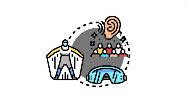 Active mission mode icon representing a team listening to information, a wingsuit pilot preparing for flight, and safety goggles for a successful outdoor extreme sport