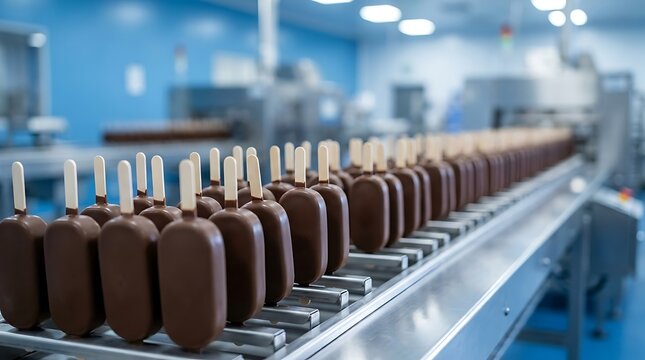 Chocolate covered ice cream bars on sticks lining up along automated metal conveyor belt in modern manufacturing factory for large scale food production.