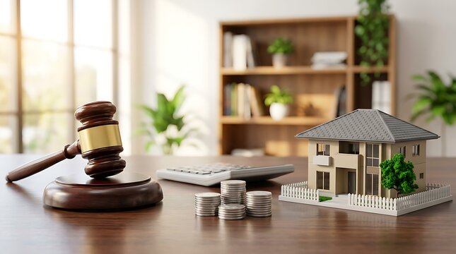 Wooden judicial gavel with stacked metal coins and house model on desk representing real estate law and property investment concept for financial legal advisor.