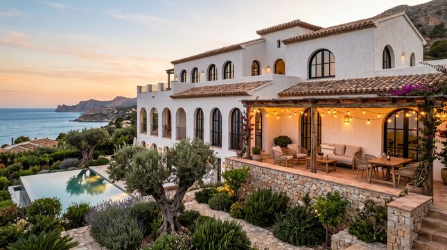 Modern Mediterranean villa on a hillside terrace overlooking the sea at sunset