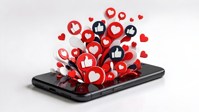 Smartphone erupting with social media likes and hearts