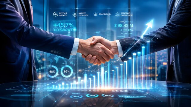Businessmen shake hands, sealing a strategic partnership deal amidst a futuristic data dashboard showcasing impressive revenue growth and financial success.