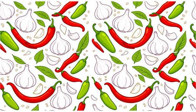 : Chili pepper and garlic seamless pattern vector background featuring cartoon red cayenne green jalapeno whole bulbs cloves and basil leaves.