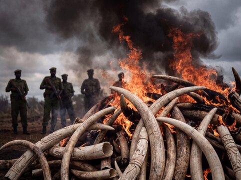 Armed rangers watch as confiscated ivory tusks burn, symbolizing anti-poaching efforts and conservation