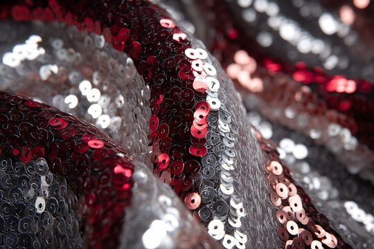 Close-up of shimmering fabric with red and silver sequins creating a luxurious and festive texture.