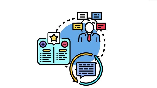 Person icon engaged in a dynamic loop of information processing, evaluating concepts with pros and cons, and receiving feedback for comprehensive knowledge acquisition