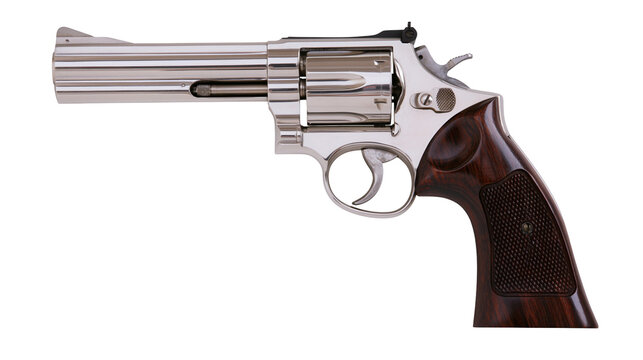 Polished stainless steel revolver with dark wood grip, isolated on transparent background