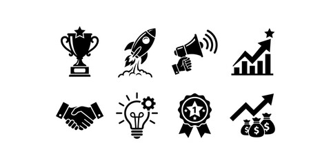 Fototapeta premium Business startup success vector icon set featuring trophy rocket launch handshake idea bulb and growth charts