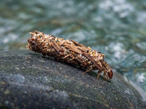 Caddisfly Larva Builds Camouflaged Case from Sand and Twigs in a Rocky Stream