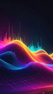 Vibrant abstract waves of light and color pulse against a dark background.