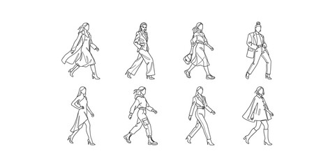 Obraz premium Fashion model woman walking continuous line art set vector featuring stylish women in trendy casual formal street style outfits and runway poses