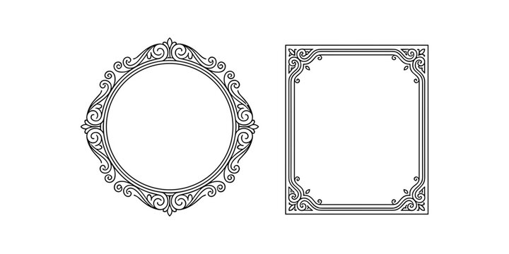 Vintage ornamental frame set vector featuring elegant round and rectangular calligraphic line art borders with ornate swirls