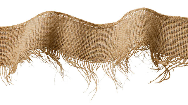Wavy burlap ribbon with frayed edges, isolated on transparent background