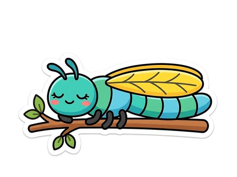 Cute green caterpillar with happy face resting on a stick