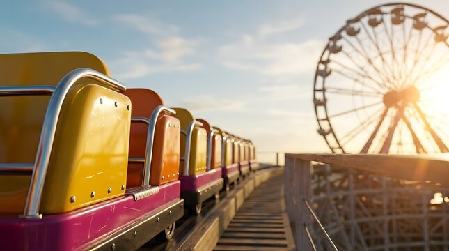 Roller coaster train with colorful seats and Ferris wheel at amusement park with sunny sky and clouds at sunset.