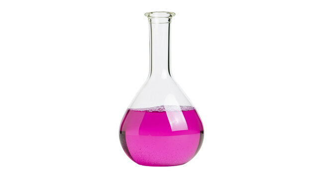 Clear glass flask with pink liquid and bubbles, isolated on transparent background