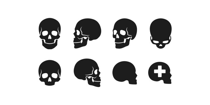 Human skull angles and medical cross silhouette icon set vector featuring front view side profile three quarter view top view and medical cross skull