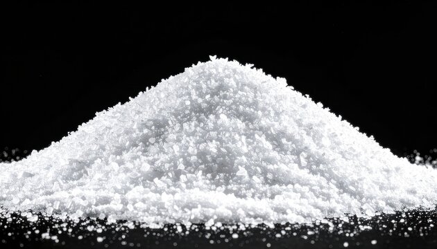A large pile of white crystalline salt is dramatically lit against a black background.