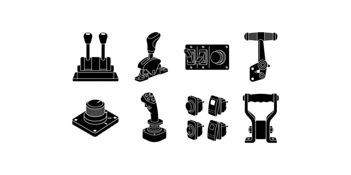 Control levers and switches icon set featuring throttle lever joystick toggle switch rotary knob rocker switch and control handle