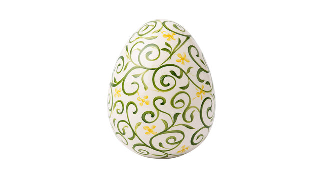 Ornate white Easter egg with green floral scrollwork and yellow flowers, isolated on transparent background