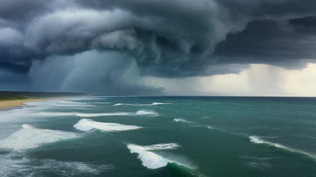 Dark storm clouds loom over a turquoise ocean with white waves crashing during a tempest.