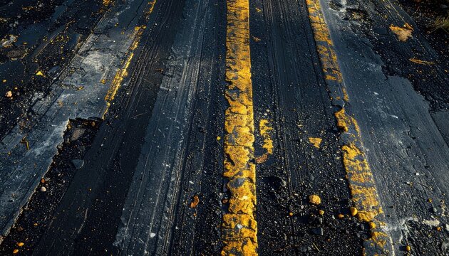 Close-up of a textured asphalt road with yellow lines and scattered debris.