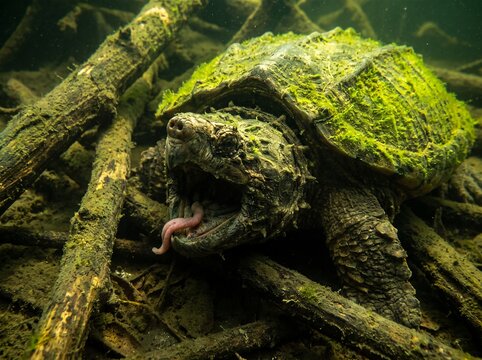Close-up underwater shot of an Alligator Snapping Turtle with its mouth open, revealing its tongue, surrounded by submerged logs and murky water.