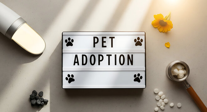 Light box displaying pet adoption text with decorative elements on a concrete surface