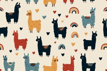 Naklejka premium Colorful llama pattern featuring playful llamas and cheerful rainbows for fun designs and creative projects perfect for textiles and home decor. Generative AI