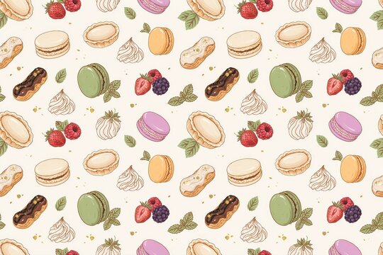 Delicious seamless pattern featuring colorful french macarons, chocolate eclairs, fruit tarts, whipped cream, berries, and mint leaves