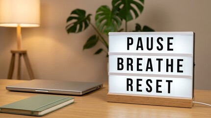 Naklejka premium Minimalist lightbox displays positive quote pause breathe reset with wooden base on office desk near laptop and notebook to promote mindfulness and wellness habits.