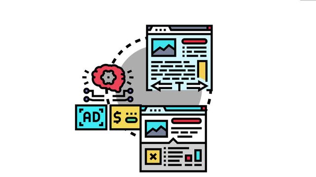 Ad content development concept showcasing a creative process designing digital marketing promotions, optimizing webpage layouts for advertising, and maximizing revenue from online campaigns