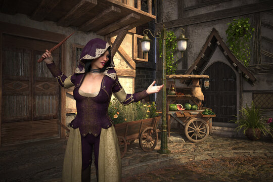 Digital 3D render of young woman in purple hooded medieval fantasy costume holding wand in rustic village marketplace with wooden cart, lanterns, ivy and cobblestone street.