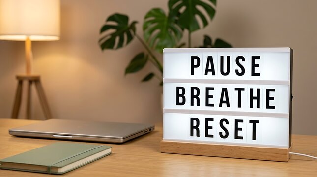 Minimalist lightbox displays positive quote pause breathe reset with wooden base on office desk near laptop and notebook to promote mindfulness and wellness habits.