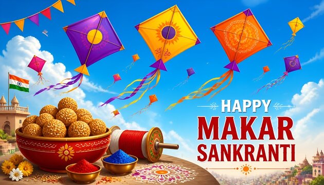 Illustration of kites, sweets, and powder colors for the makar sankranti festival