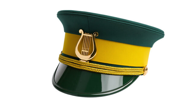 Dark green peaked cap with yellow band and gold lyre emblem, isolated on transparent background
