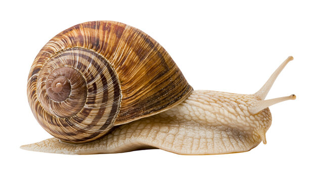 Detailed brown spiral shell snail crawling slowly, isolated on transparent background