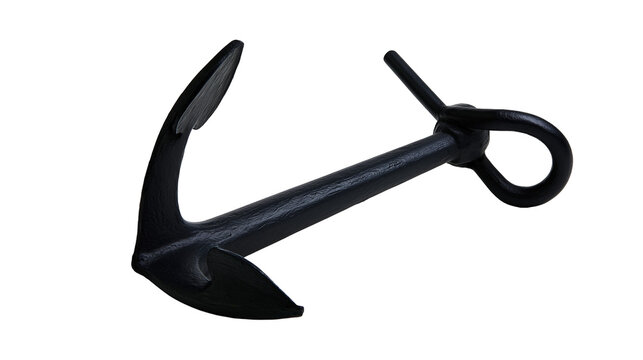 Heavy black metal anchor with two flukes and a ring, isolated on transparent background